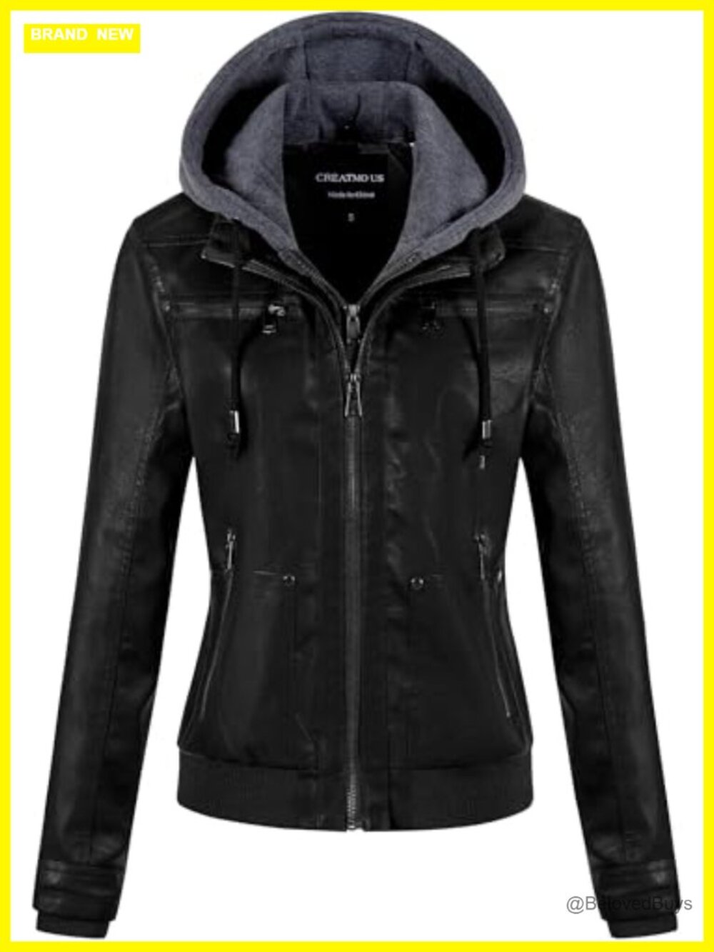 Women's Faux Leather Motorcycle Bomber Jacket with Removable Hood